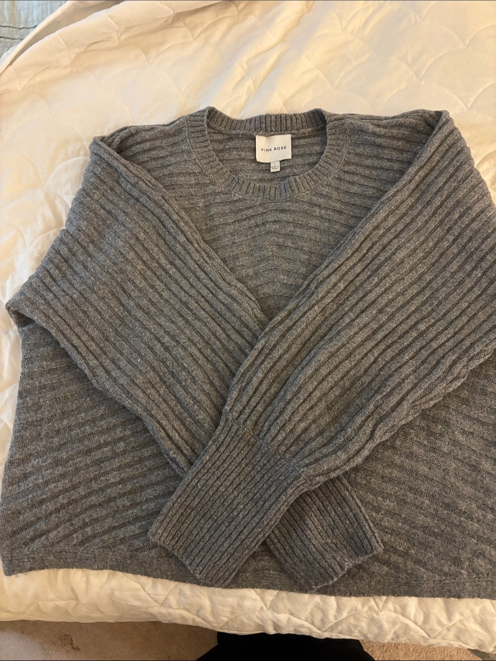 Pink Rose Women’s Ribbed Gray Crewneck Sweater